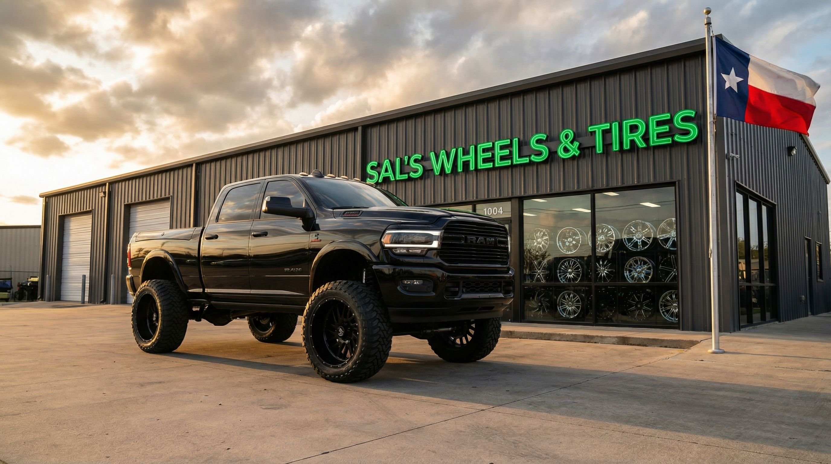 Sals Wheels shop front - lifted Ram truck